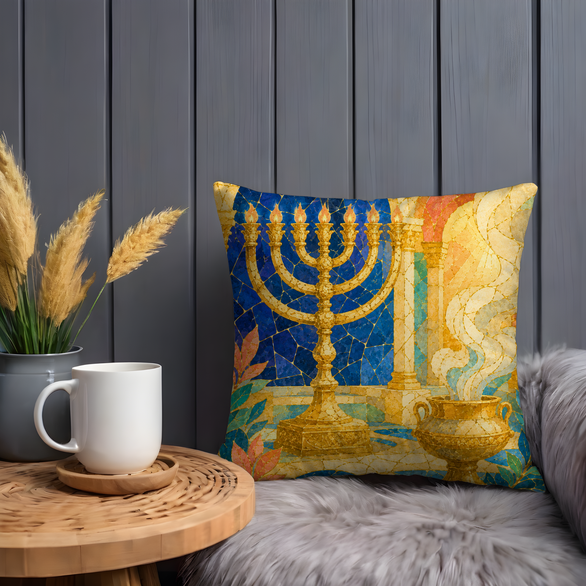 Golden Menorah Altar Pillow Cover | Jewish Temple Art | Gold Crackle Decor