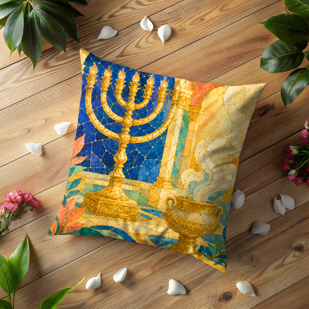 Golden Menorah Altar Pillow Cover | Jewish Temple Art | Gold Crackle Decor