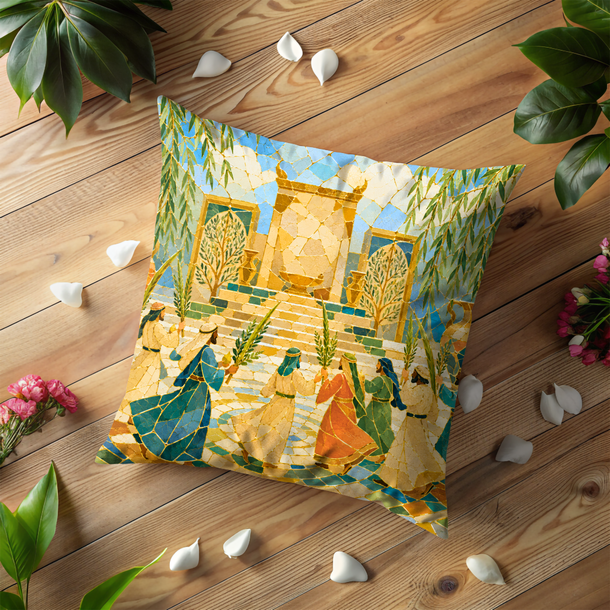 Sukkot Temple Procession Pillow Cover | Lulav Etrog Art | Gold Crackle Decor