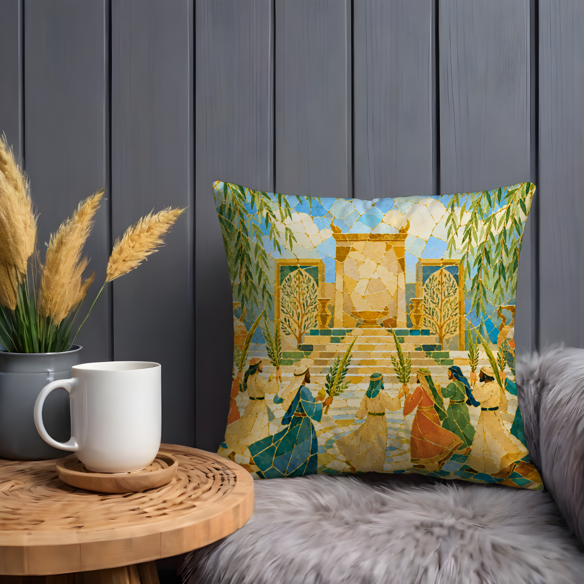 Sukkot Temple Procession Pillow Cover | Lulav Etrog Art | Gold Crackle Decor