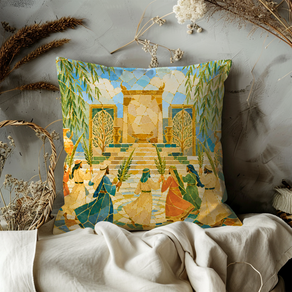 Sukkot Temple Procession Pillow Cover – Lulav Etrog Art | Gold Crackle Decor