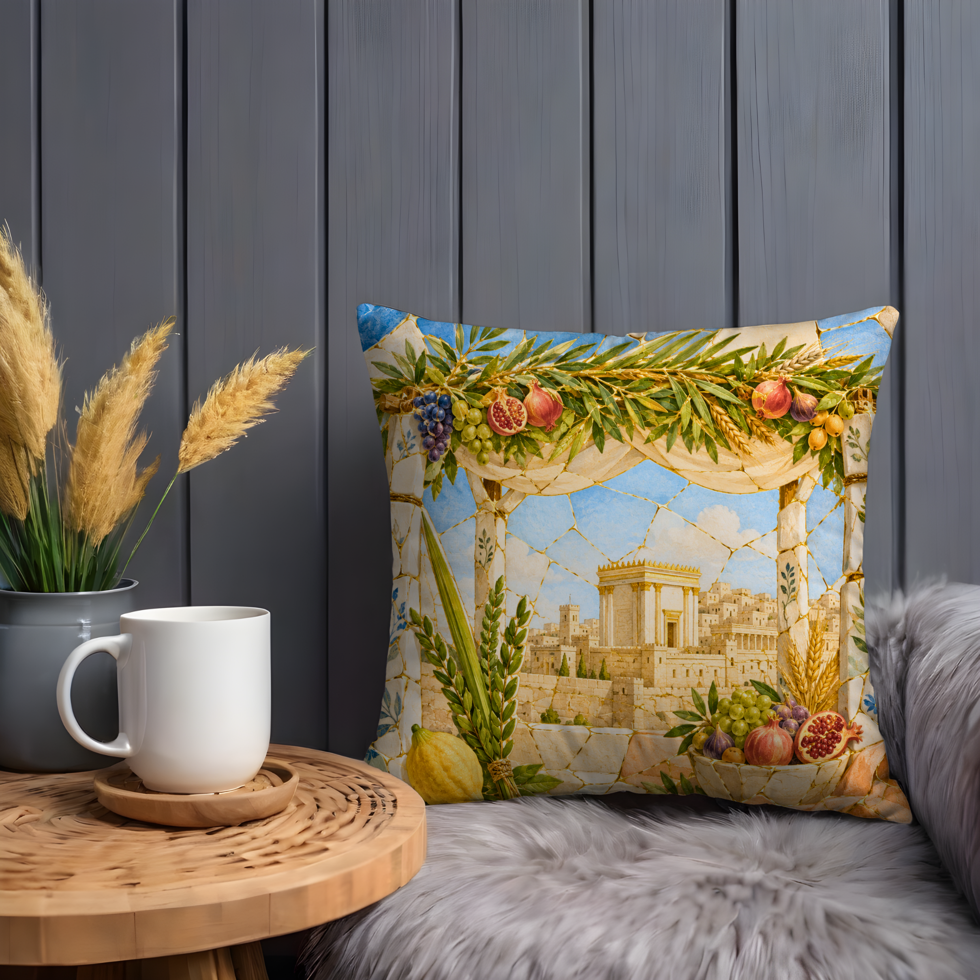 Sukkot Temple Procession Pillow Cover | Four Species Art | Gold Crackle Decor