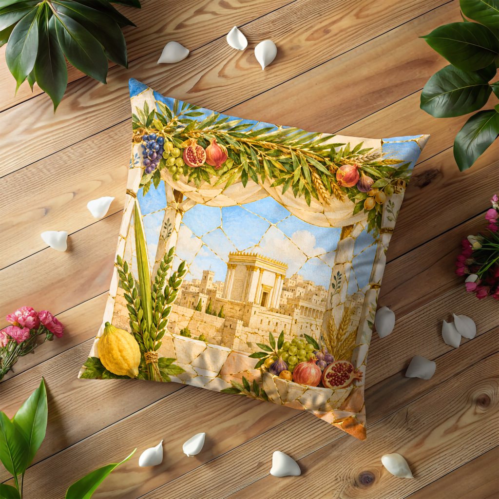 Sukkot Temple Procession Pillow Cover | Four Species Art | Gold Crackle Decor