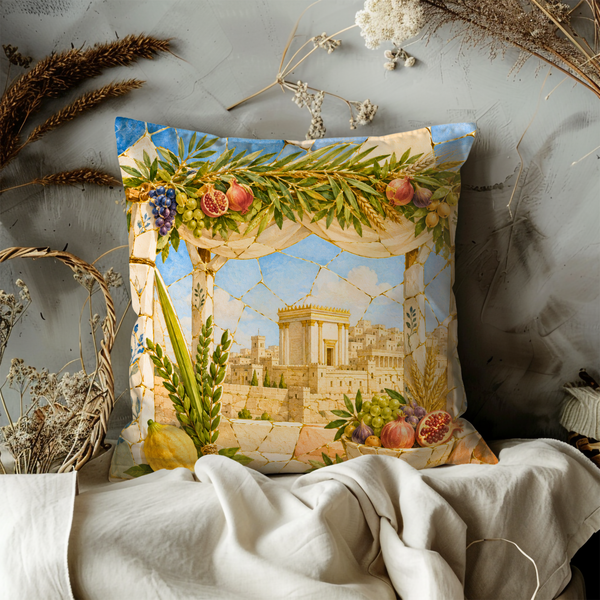 Sukkot Temple Procession Pillow Cover – Four Species Art | Gold Crackle Decor