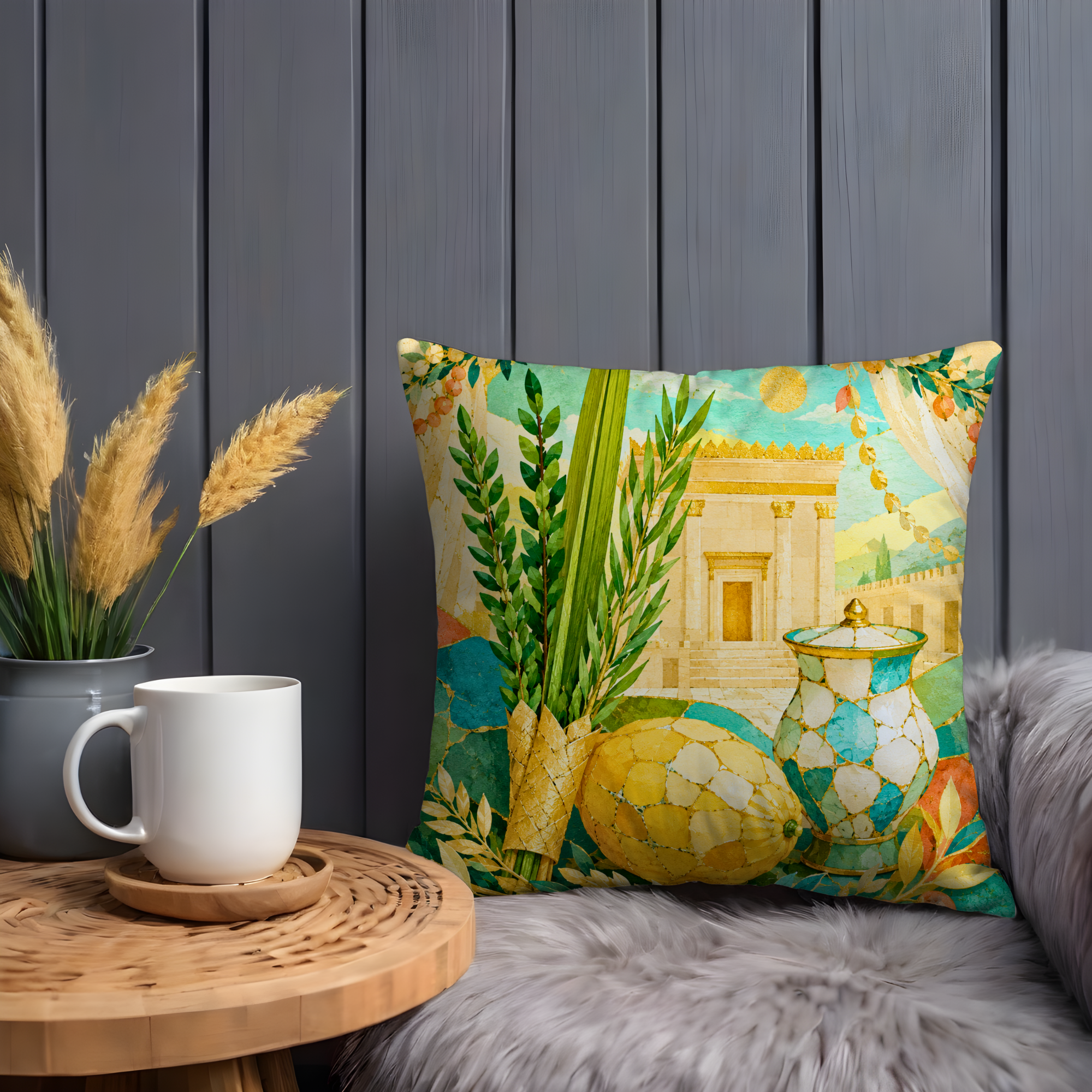 Sukkot Four Species Pillow Cover | Etrog Lulav Art | Gold Crackle Decor