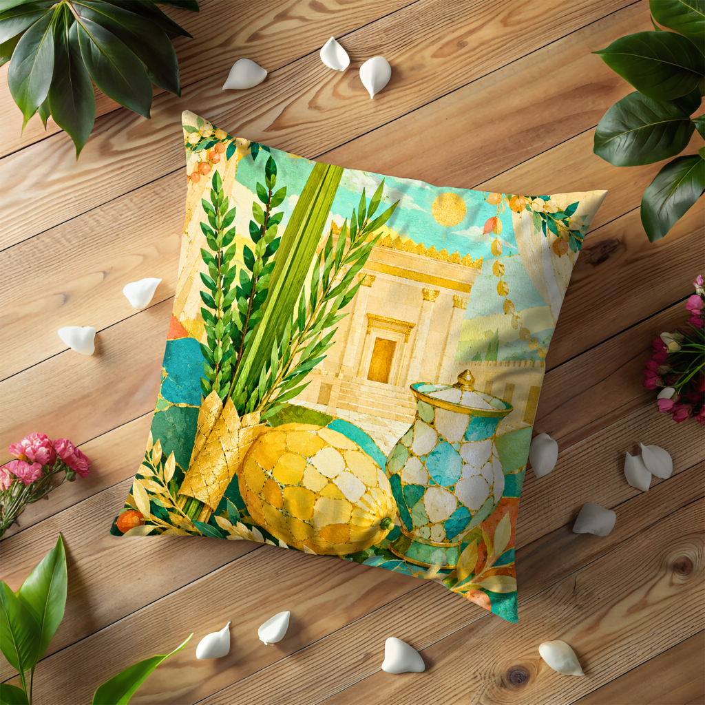 Sukkot Four Species Pillow Cover | Etrog Lulav Art | Gold Crackle Decor