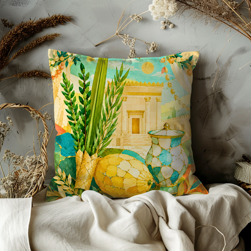 Sukkot Four Species Pillow Cover – Etrog Lulav Art | Gold Crackle Decor