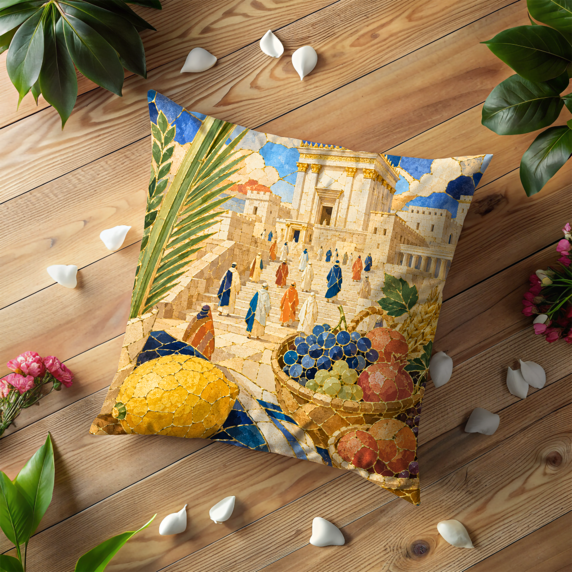 Sukkot Temple Procession Pillow Cover | Four Species Art | Gold Crackle Decor