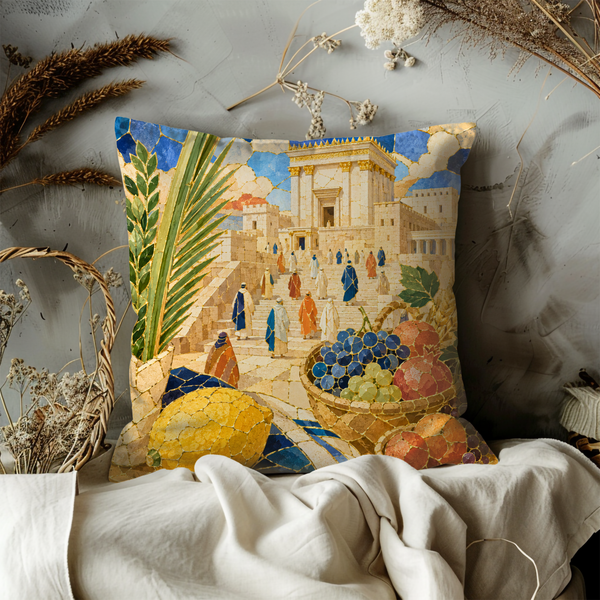 Sukkot Temple Procession Pillow Cover – Four Species Art | Gold Crackle Decor