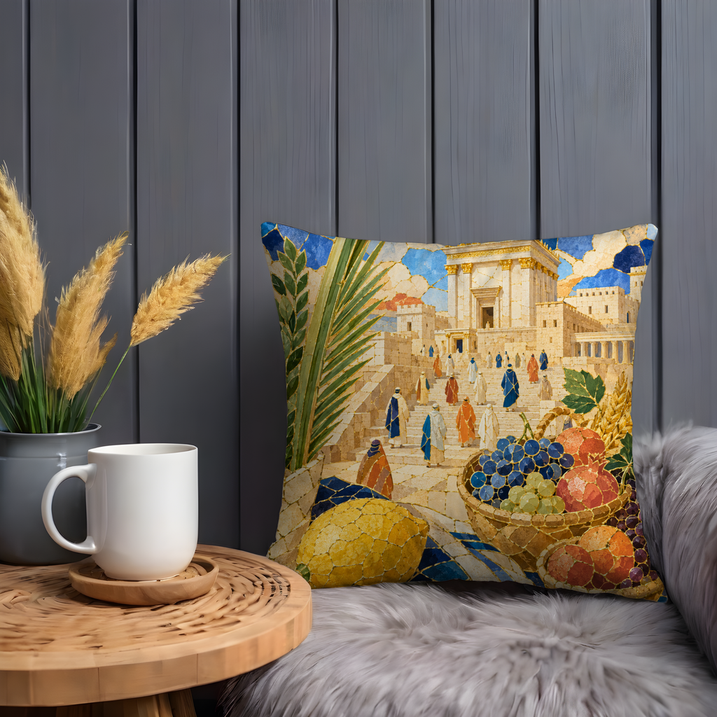 Sukkot Temple Procession Pillow Cover | Four Species Art | Gold Crackle Decor