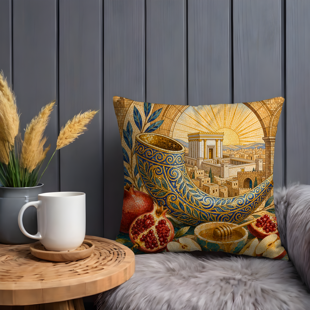 Shofar Honey Pomegranate Pillow Cover | Rosh Hashanah Art | Gold Crackle Decor