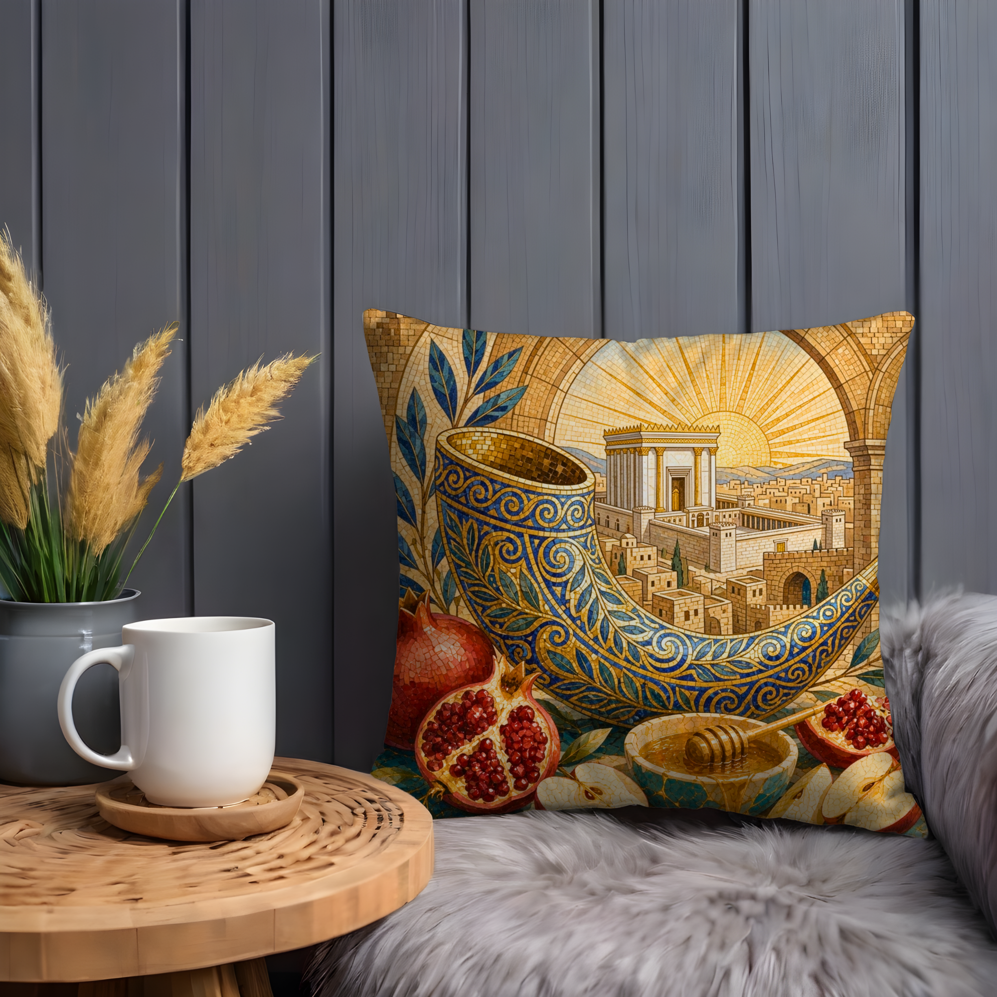 Shofar Honey Pomegranate Pillow Cover | Rosh Hashanah Art | Gold Crackle Decor