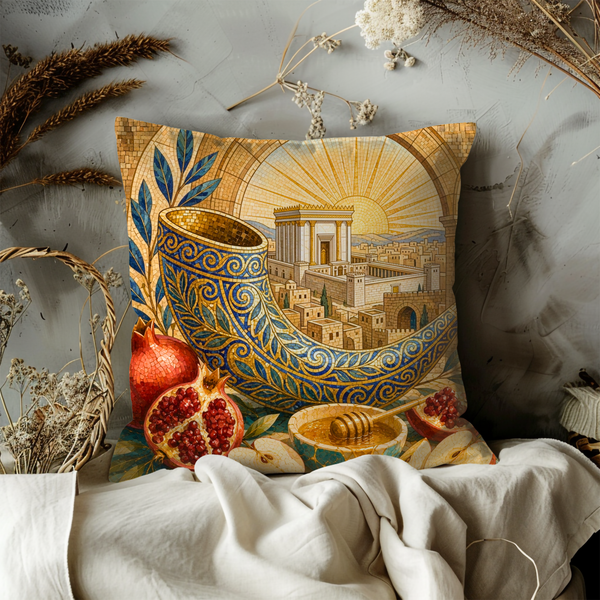 Shofar Honey Pomegranate Pillow Cover – Rosh Hashanah Art | Gold Crackle Decor