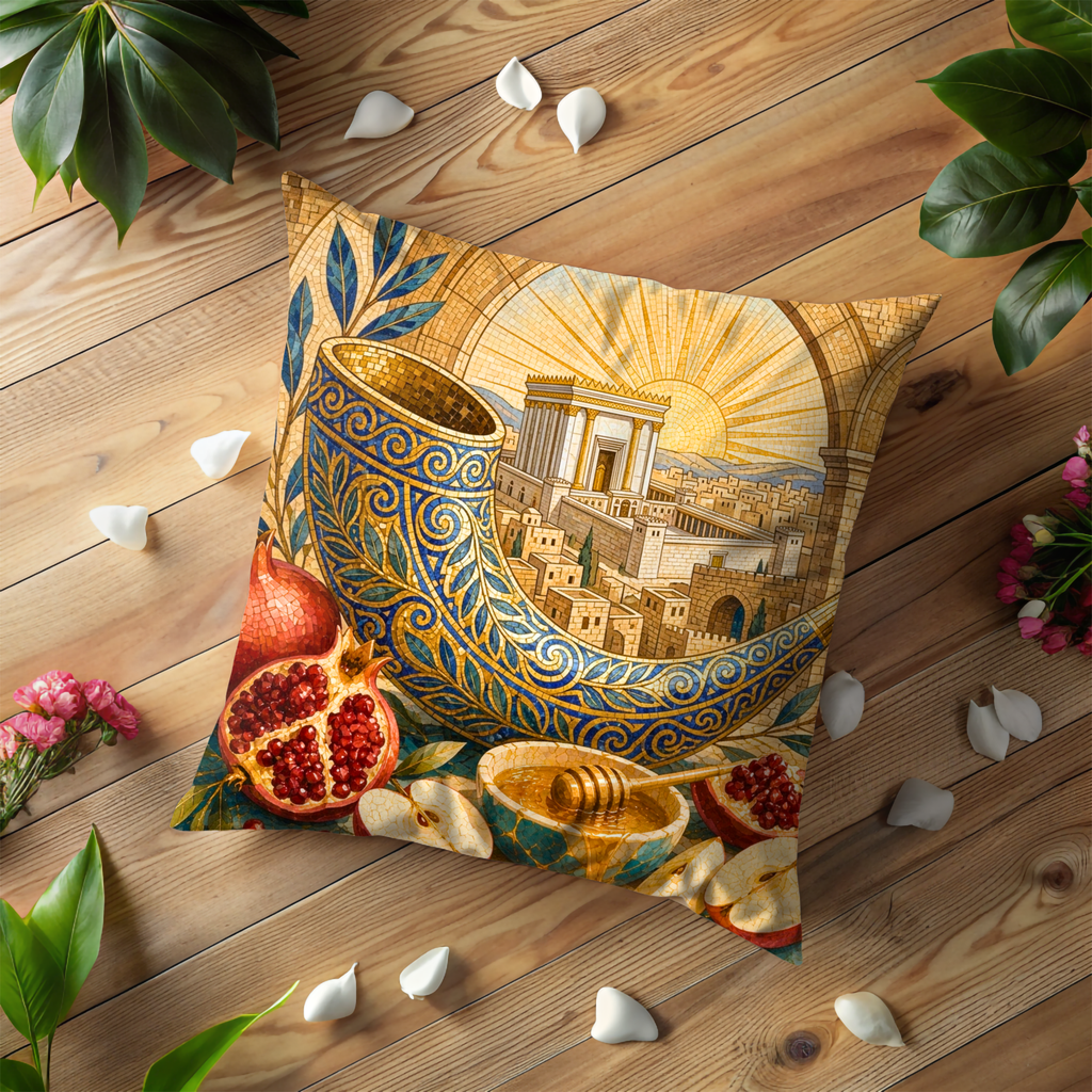 Shofar Honey Pomegranate Pillow Cover | Rosh Hashanah Art | Gold Crackle Decor