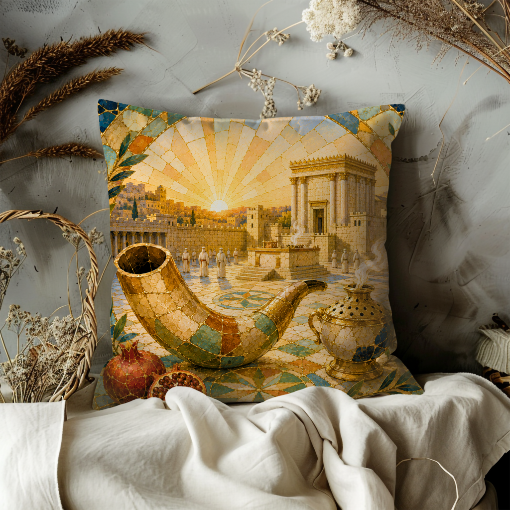 Shofar Temple Pillow Cover | Rosh Hashanah Jewish Art | Gold Crackle Decor