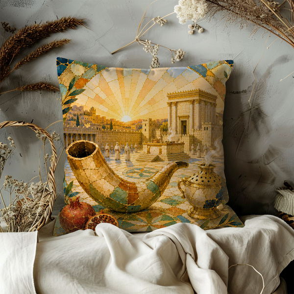 Shofar Temple Pillow Cover – Rosh Hashanah Jewish Art | Gold Crackle Decor