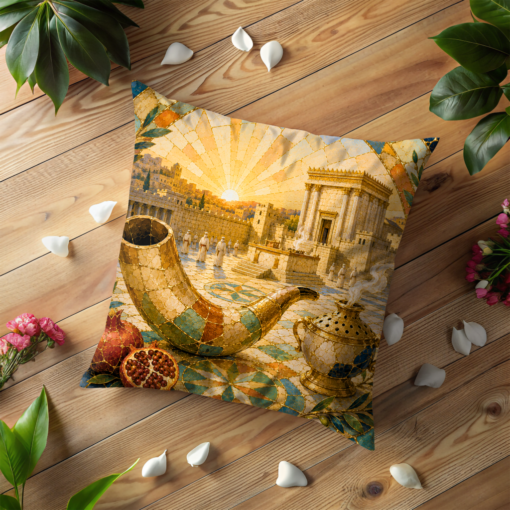 Shofar Temple Pillow Cover | Rosh Hashanah Jewish Art | Gold Crackle Decor