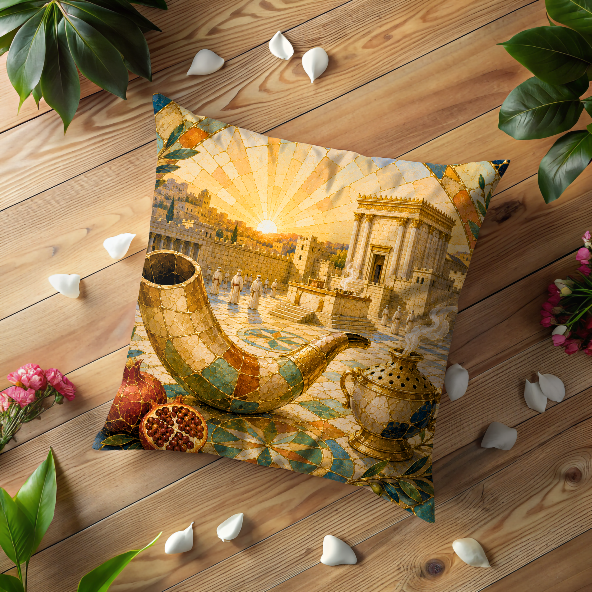 Shofar Temple Pillow Cover | Rosh Hashanah Jewish Art | Gold Crackle Decor