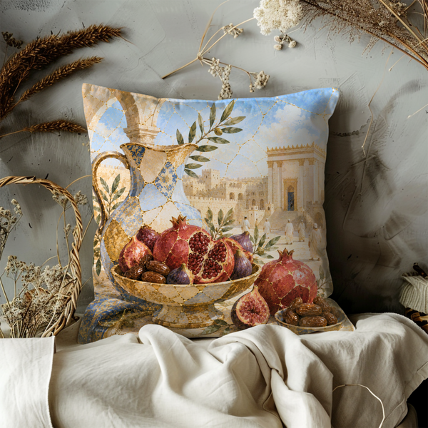 Pomegranate Pitcher Temple Pillow Cover – Jewish Abundance Art | Gold Crackle Decor