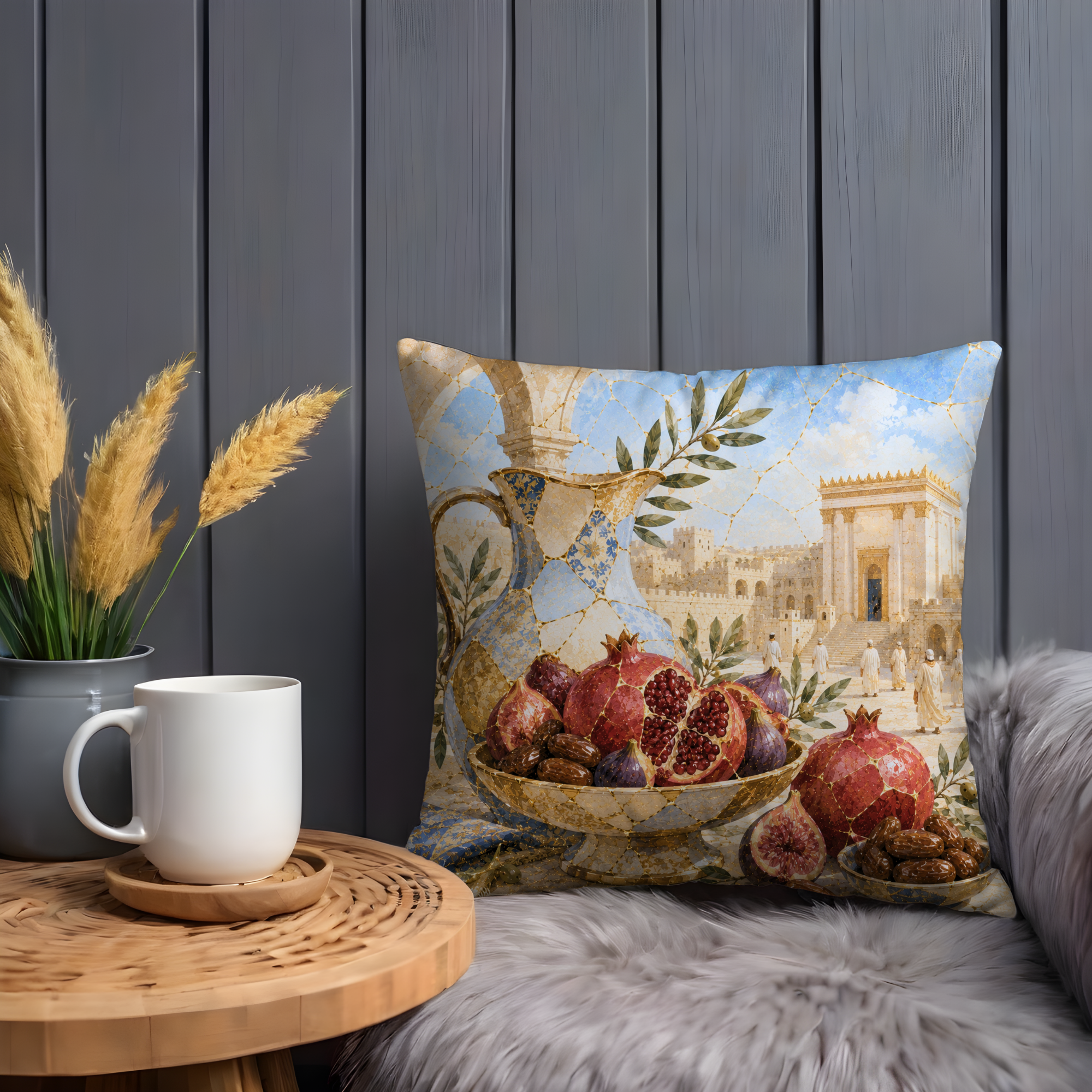 Pomegranate Pitcher Temple Pillow Cover | Jewish Abundance Art | Gold Crackle Decor