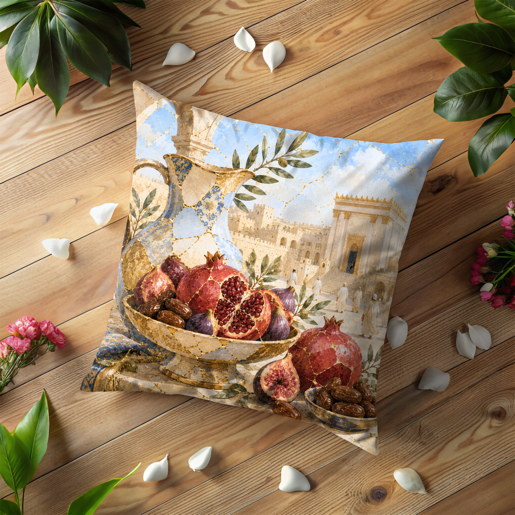 Pomegranate Pitcher Temple Pillow Cover | Jewish Abundance Art | Gold Crackle Decor