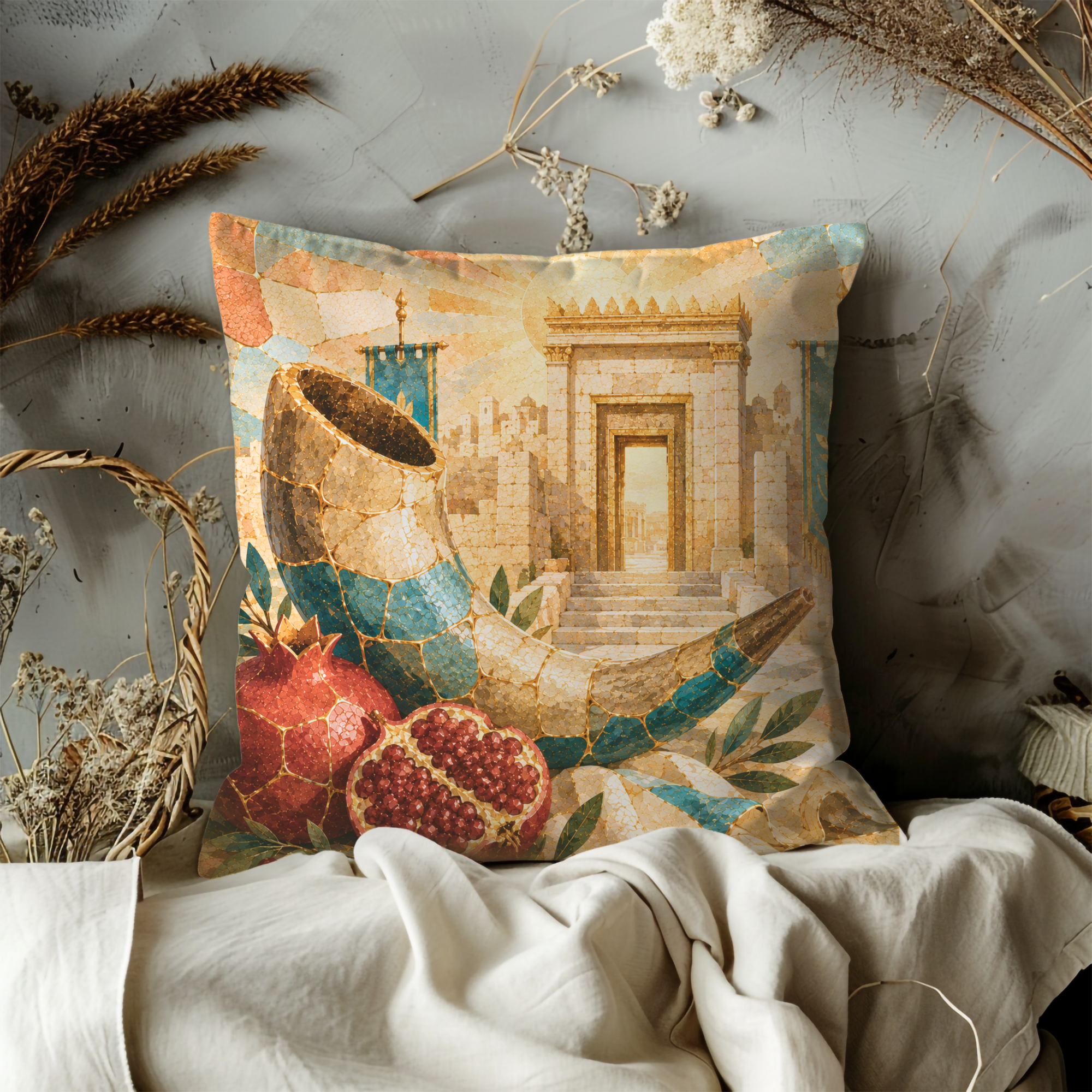 Shofar Pomegranate Temple Pillow Cover | Rosh Hashanah Art | Gold Crackle Decor