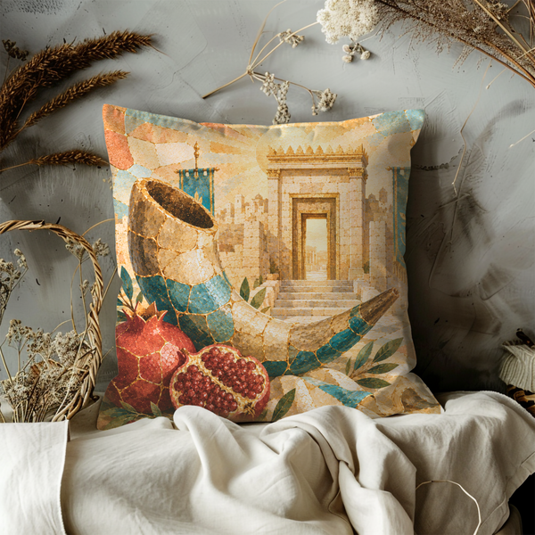 Shofar Pomegranate Temple Pillow Cover – Rosh Hashanah Art | Gold Crackle Decor
