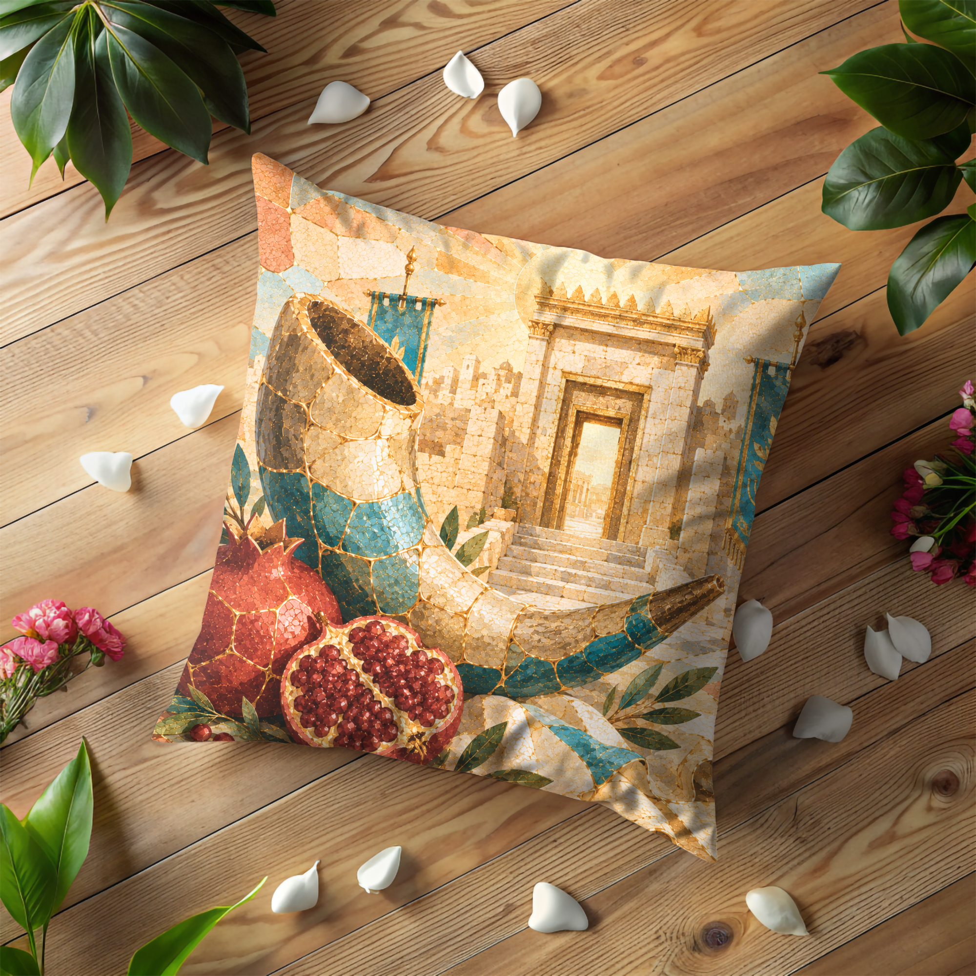 Shofar Pomegranate Temple Pillow Cover | Rosh Hashanah Art | Gold Crackle Decor