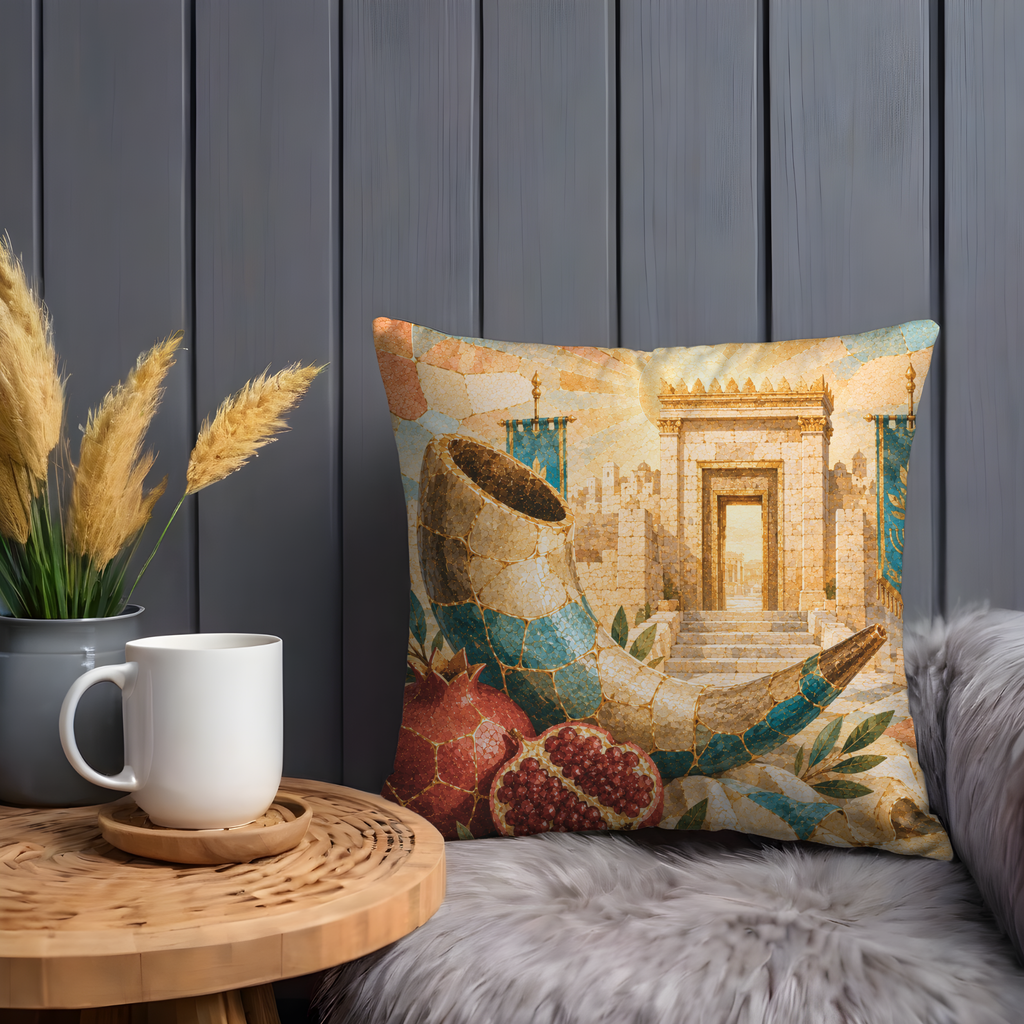 Shofar Pomegranate Temple Pillow Cover | Rosh Hashanah Art | Gold Crackle Decor