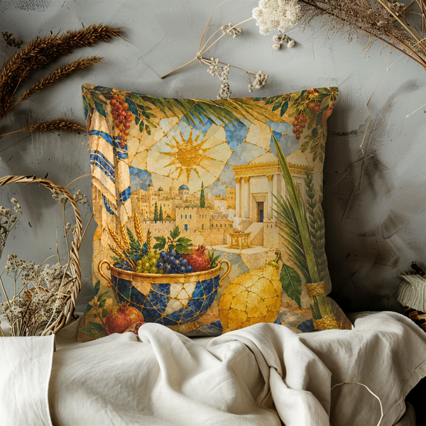 Sukkot Seven Species Pillow Cover – Lulav Etrog Art | Gold Crackle Decor