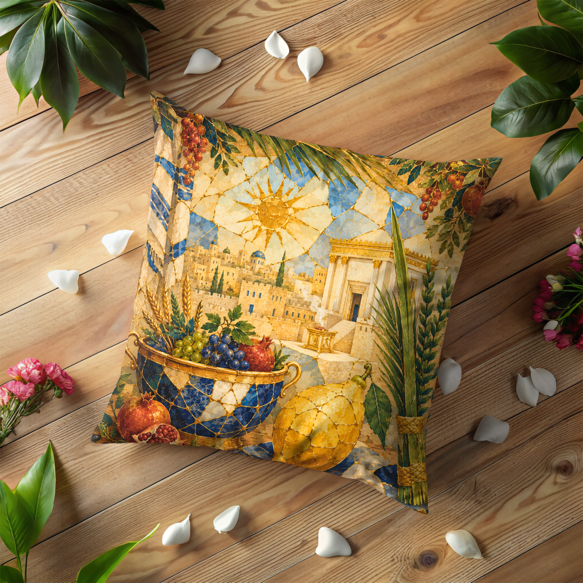 Sukkot Seven Species Pillow Cover | Lulav Etrog Art | Gold Crackle Decor