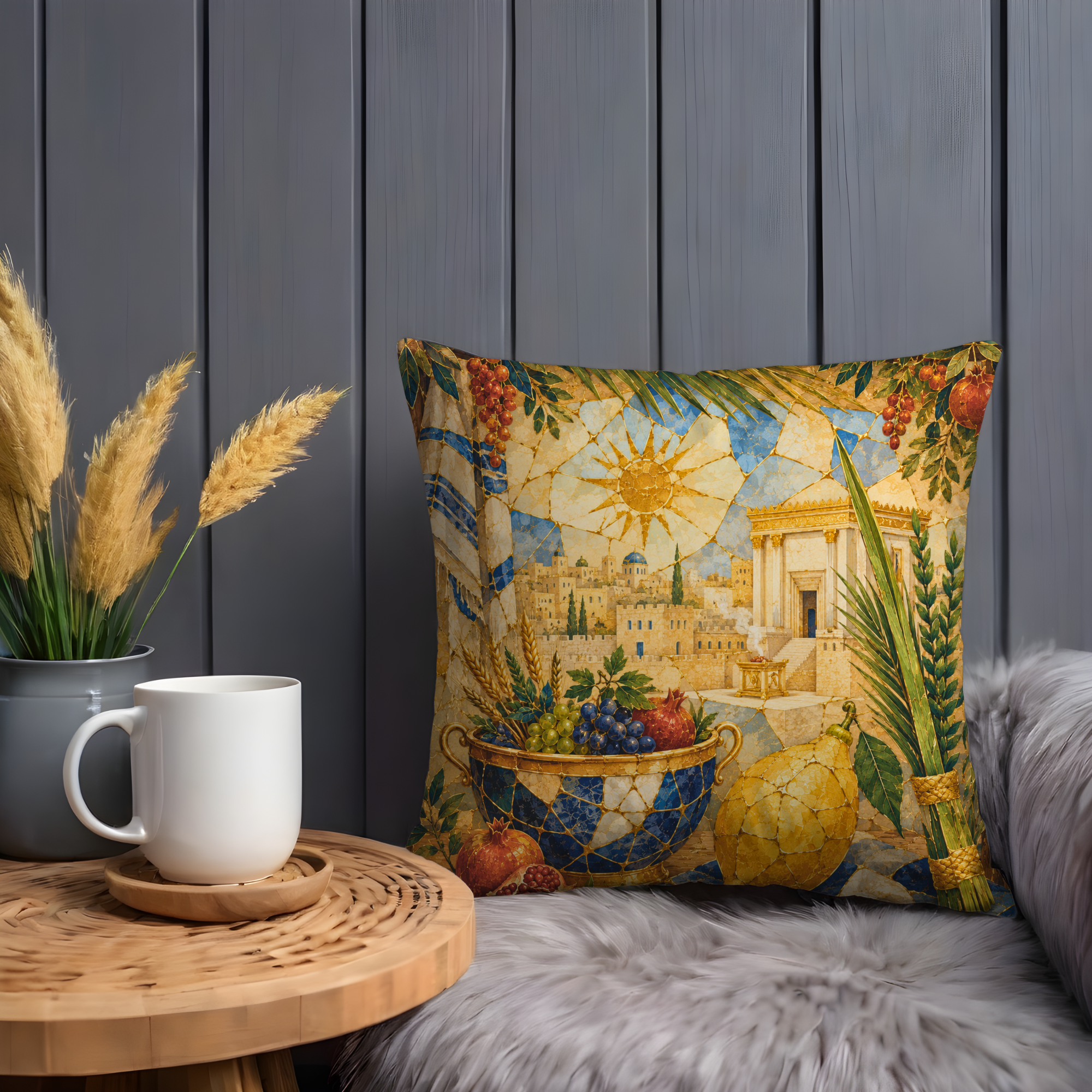 Sukkot Seven Species Pillow Cover | Lulav Etrog Art | Gold Crackle Decor