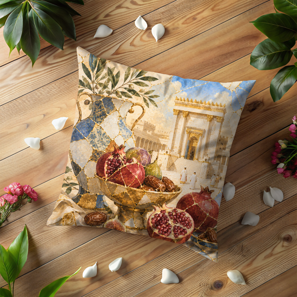 Pomegranate Pitcher Temple Pillow Cover | Jewish Abundance Art | Gold Crackle Decor