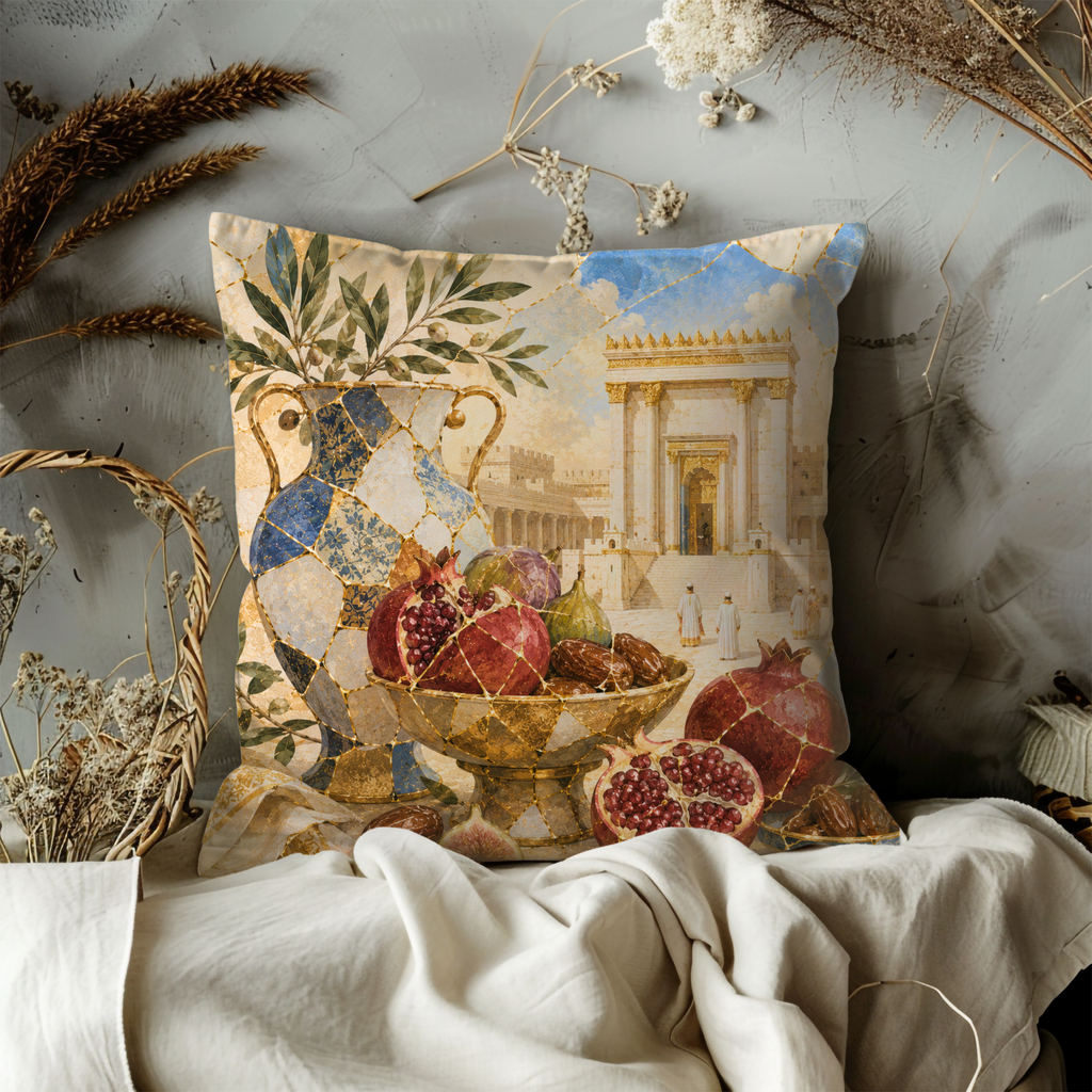 Pomegranate Pitcher Temple Pillow Cover | Jewish Abundance Art | Gold Crackle Decor