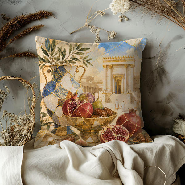 Pomegranate Pitcher Temple Pillow Cover – Jewish Abundance Art | Gold Crackle Decor
