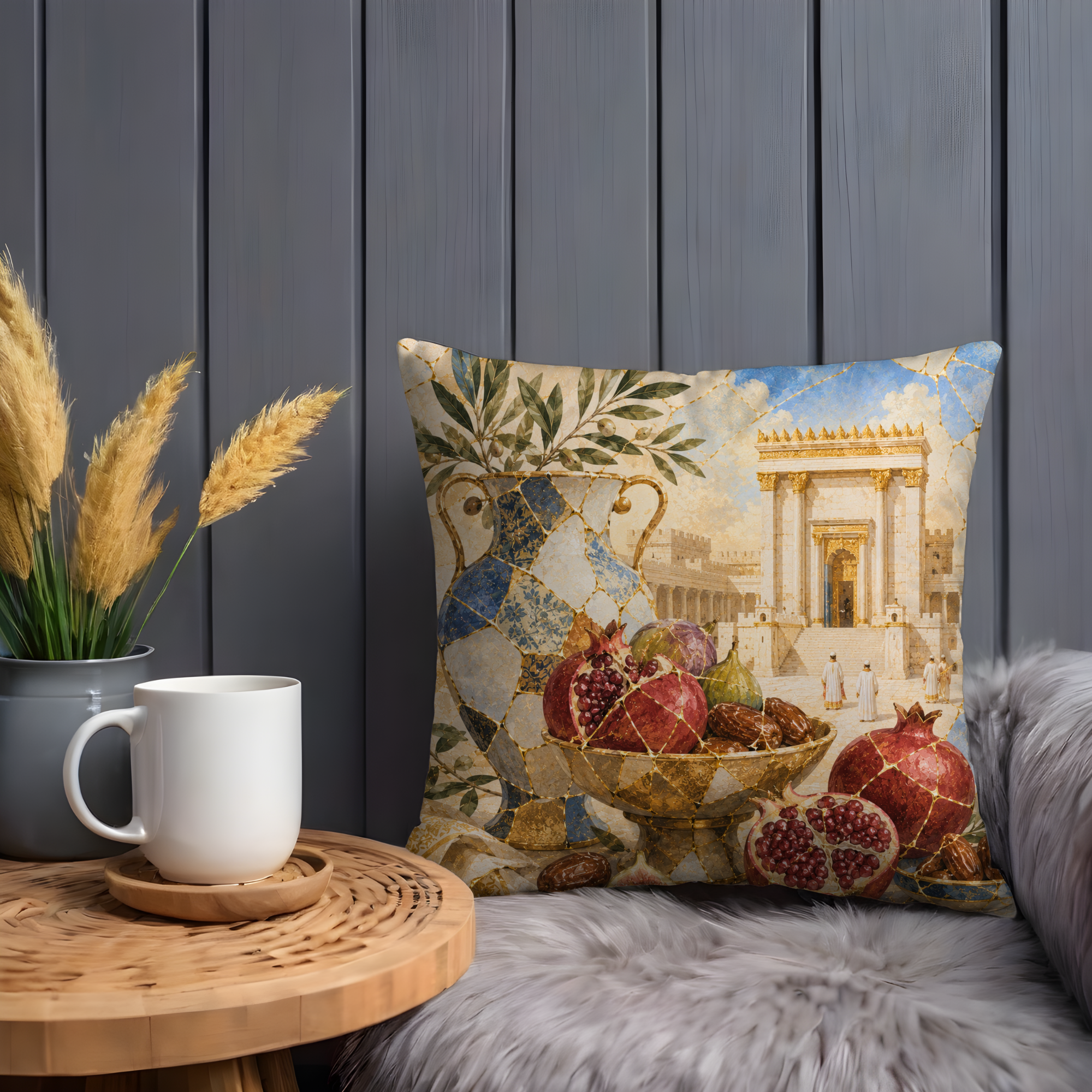 Pomegranate Pitcher Temple Pillow Cover | Jewish Abundance Art | Gold Crackle Decor