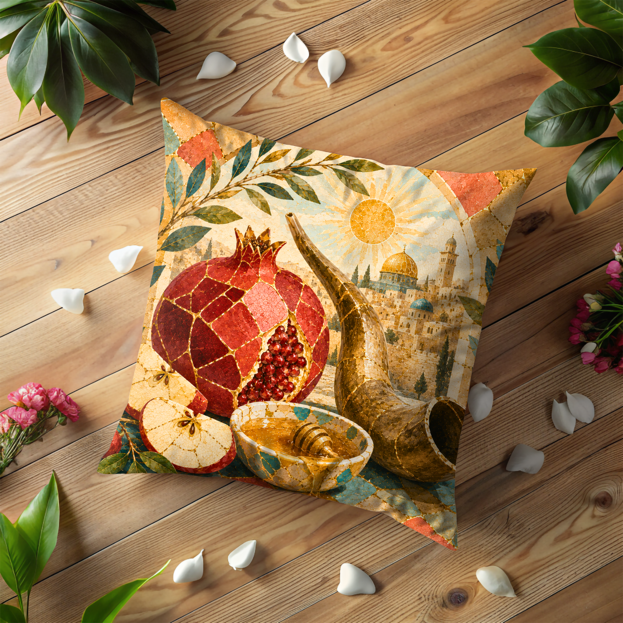 Shofar Pomegranate Honey Pillow Cover | Rosh Hashanah Art | Gold Crackle Decor