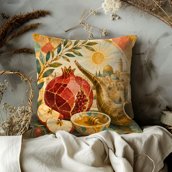 Shofar Pomegranate Honey Pillow Cover – Rosh Hashanah Art | Gold Crackle Decor