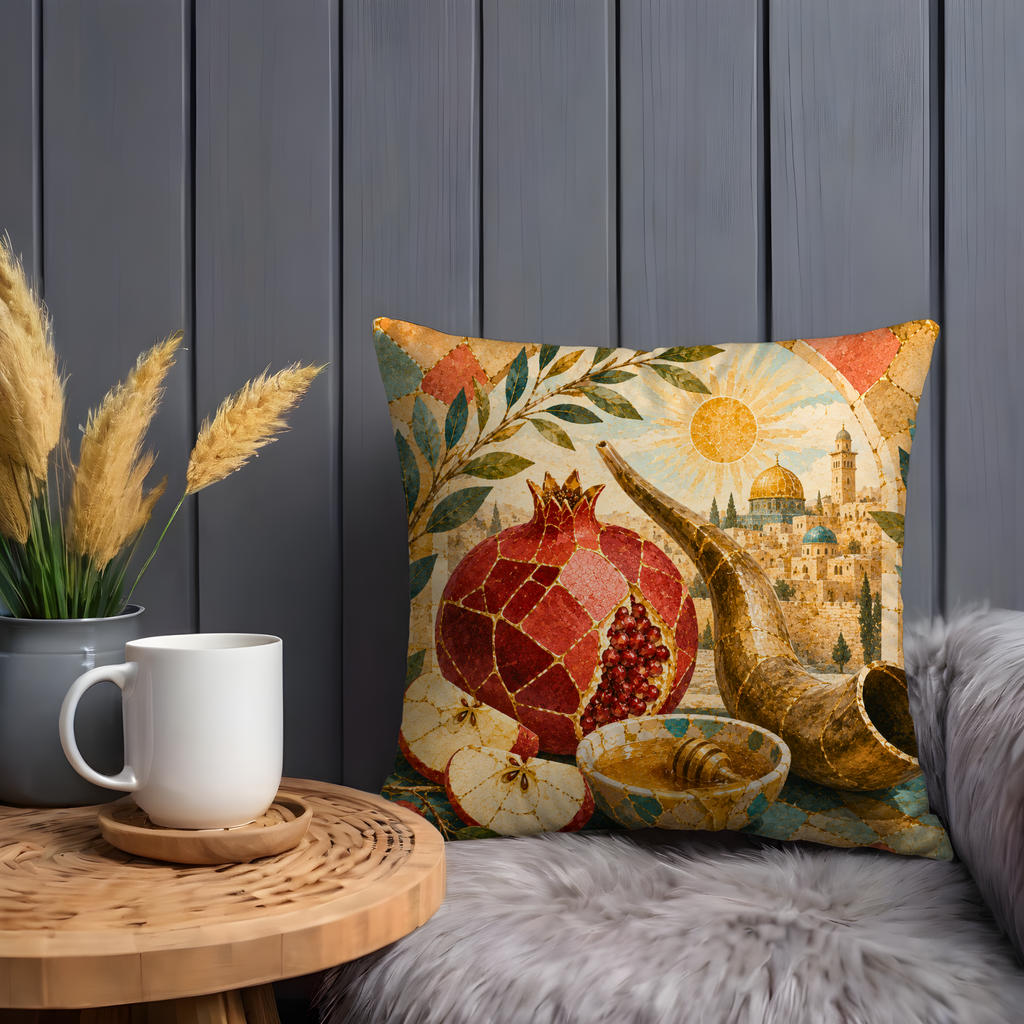 Shofar Pomegranate Honey Pillow Cover | Rosh Hashanah Art | Gold Crackle Decor