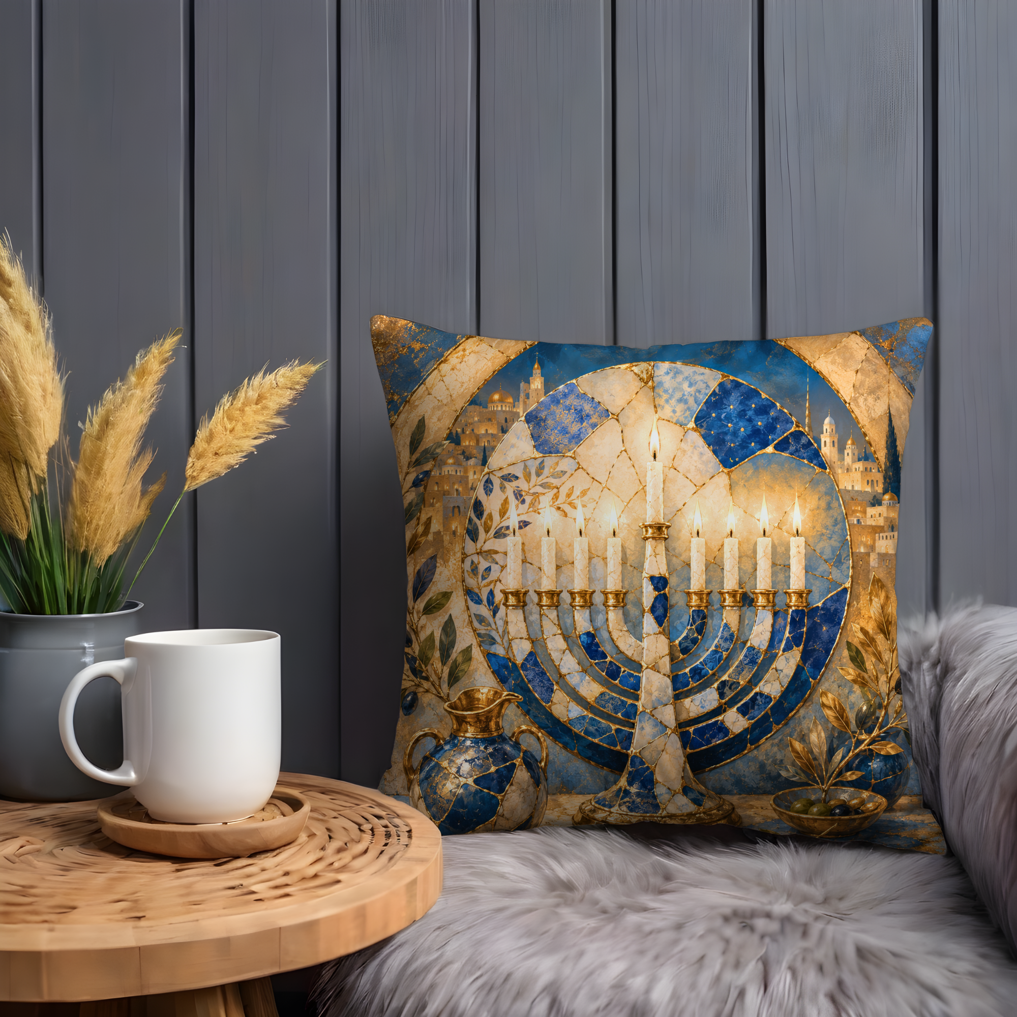 Hanukkah Menorah Pillow Cover | Jerusalem Art | Gold Crackle Decor