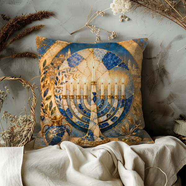 Hanukkah Menorah Pillow Cover – Jerusalem Art | Gold Crackle Decor
