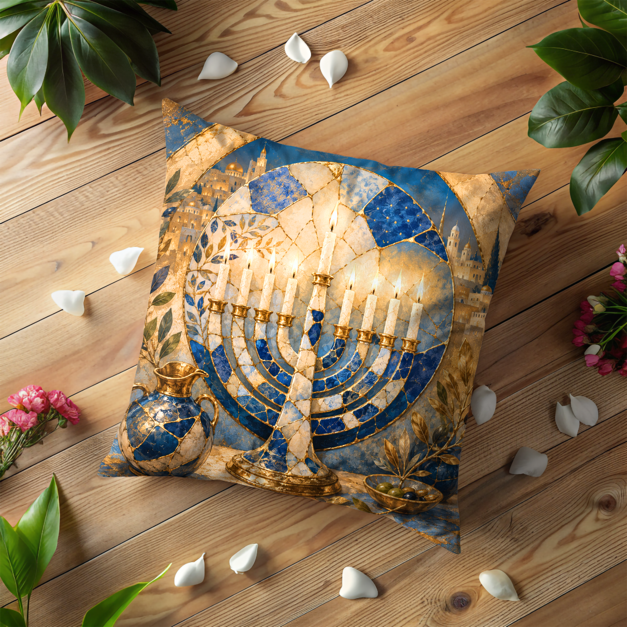 Hanukkah Menorah Pillow Cover | Jerusalem Art | Gold Crackle Decor