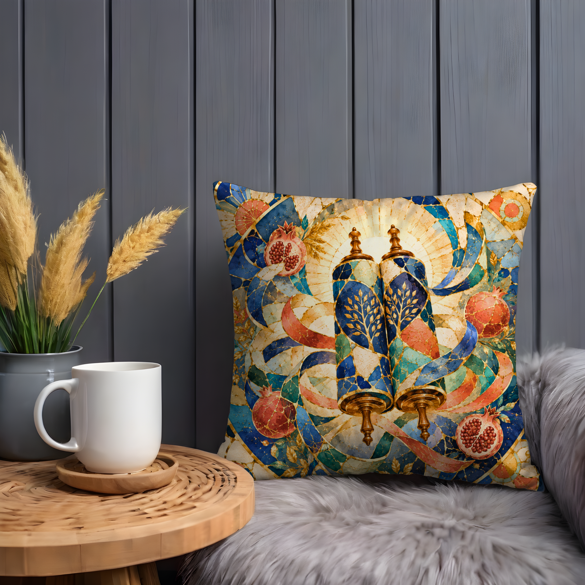 Torah Scrolls Pomegranate Pillow Cover | Jewish Heritage Art | Gold Crackle Decor