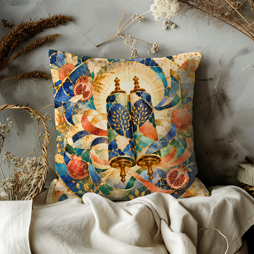 Torah Scrolls Pomegranate Pillow Cover – Jewish Heritage Art | Gold Crackle Decor