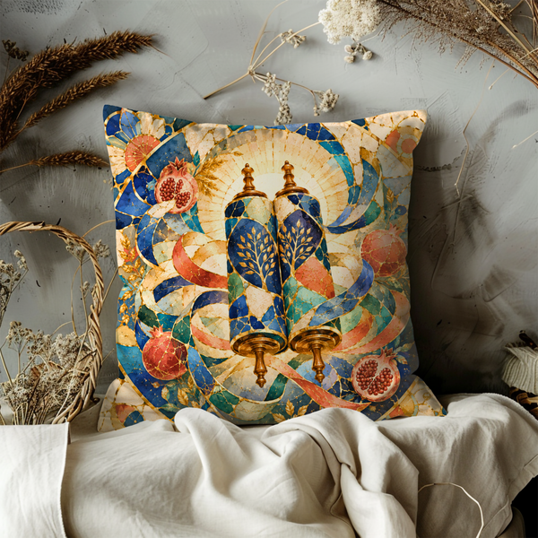 Torah Scrolls Pomegranate Pillow Cover – Jewish Heritage Art | Gold Crackle Decor