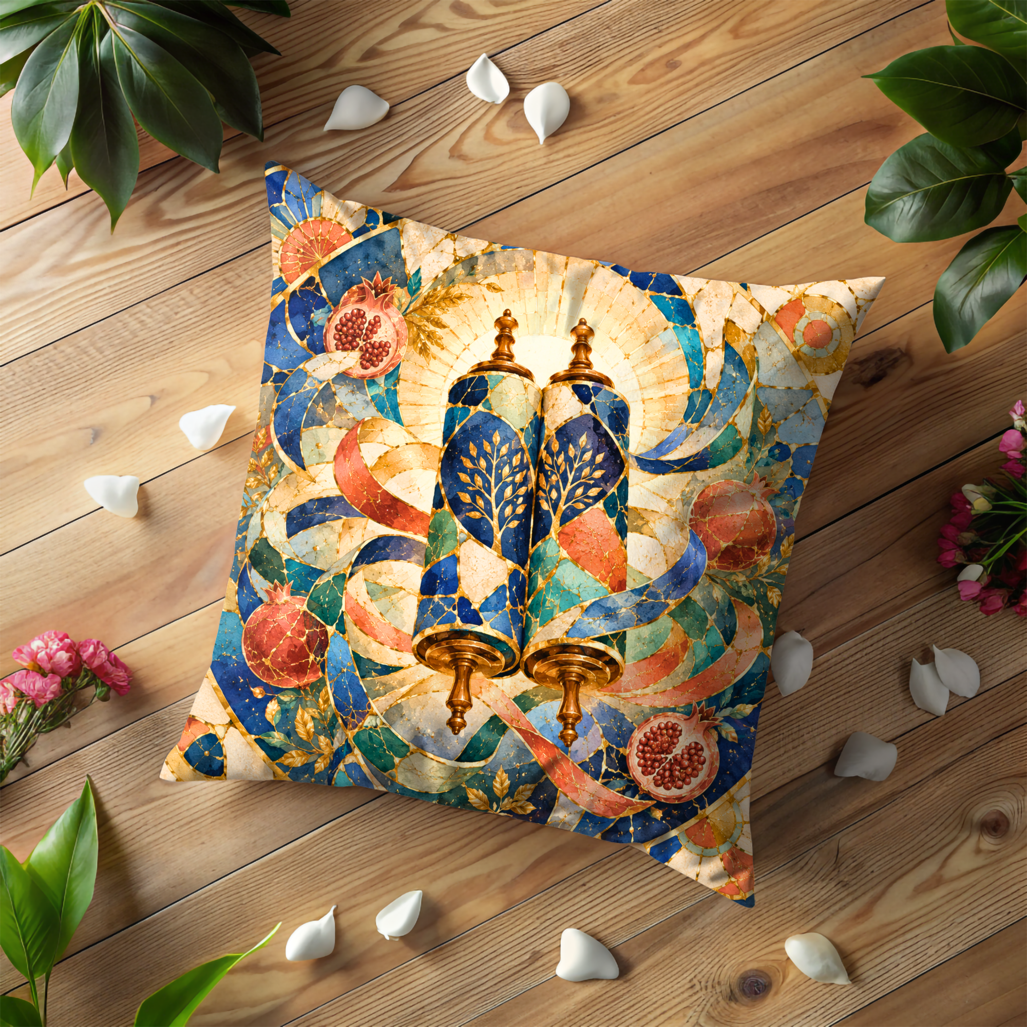Torah Scrolls Pomegranate Pillow Cover | Jewish Heritage Art | Gold Crackle Decor