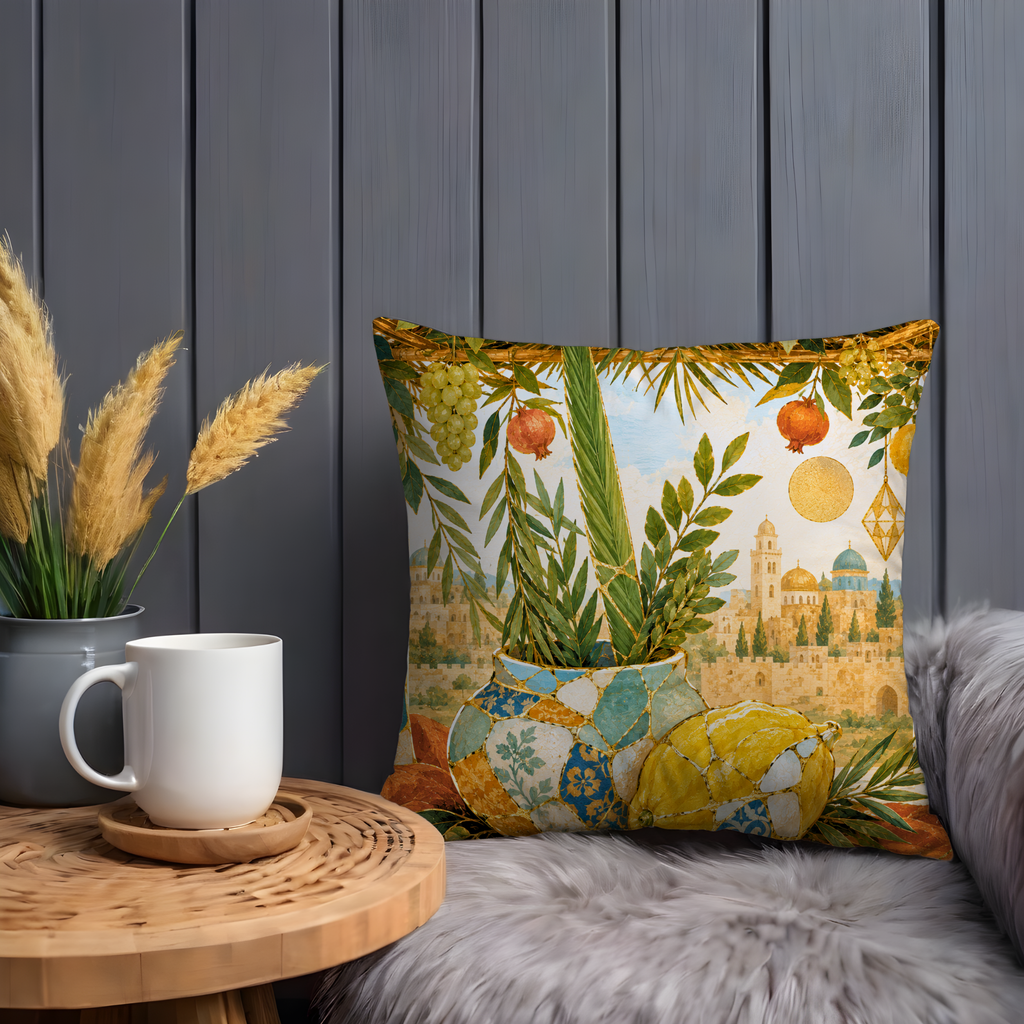 Sukkot Four Species Pillow Cover | Lulav Etrog Art | Gold Crackle Decor