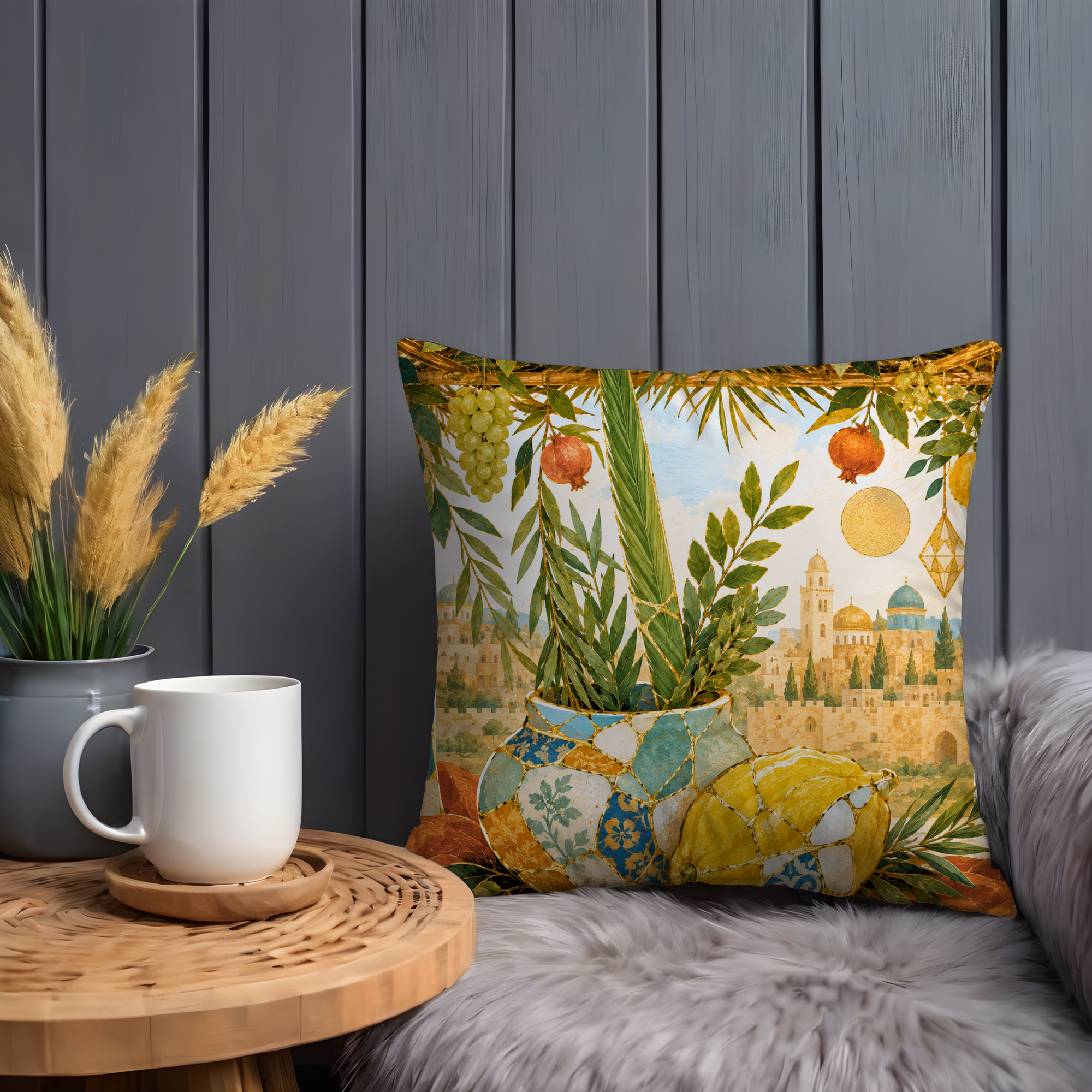 Sukkot Four Species Pillow Cover | Lulav Etrog Art | Gold Crackle Decor