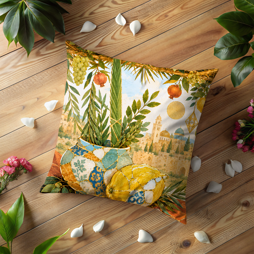 Sukkot Four Species Pillow Cover – Lulav Etrog Art | Gold Crackle Decor