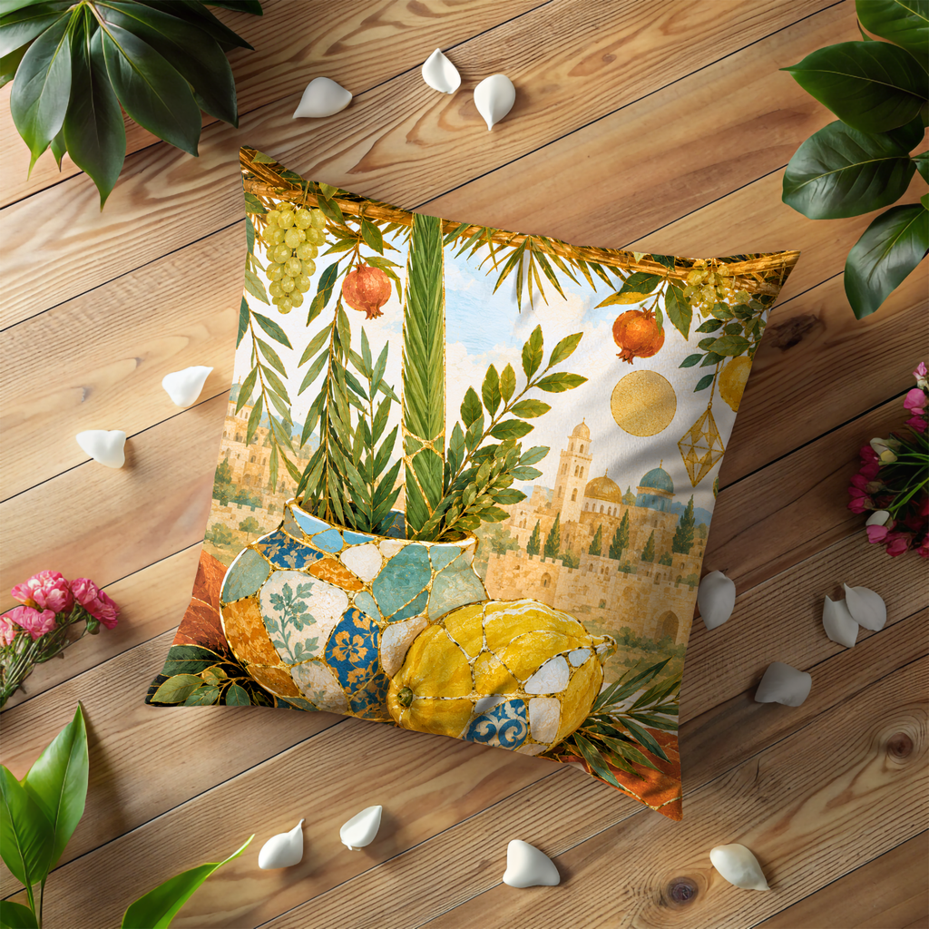 Sukkot Four Species Pillow Cover | Lulav Etrog Art | Gold Crackle Decor